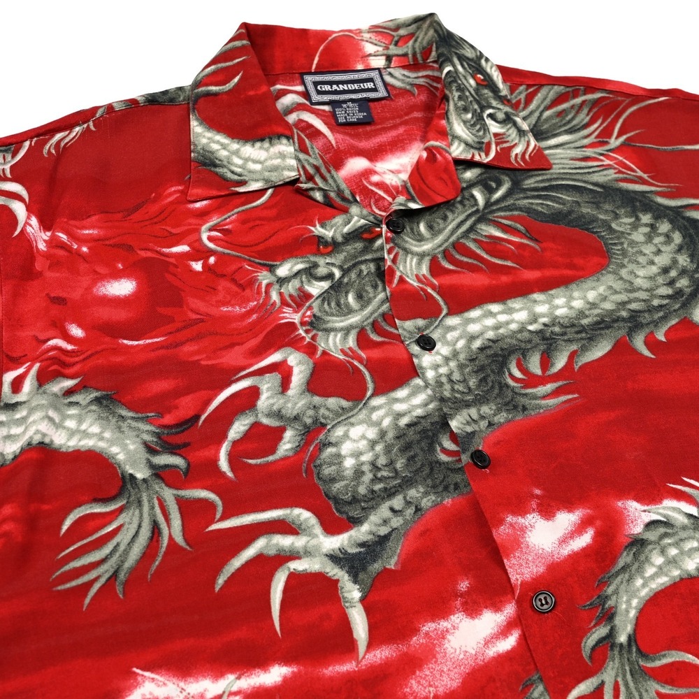 Vintage Flying Dragons Camp Shirt Men's Medium All Over Print Asian Flames Retro